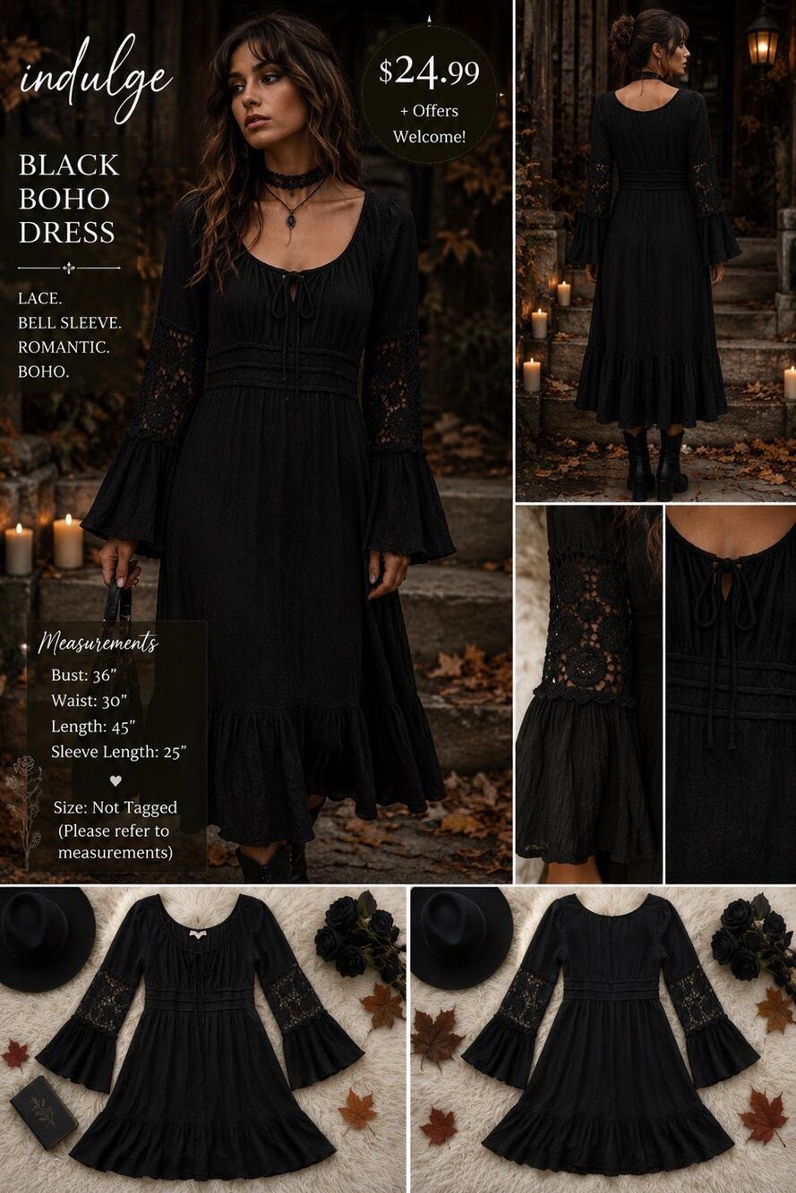 Indulge Black Boho Peasant Dress Lace Bell Sleeve Whimsigoth Romantic M
